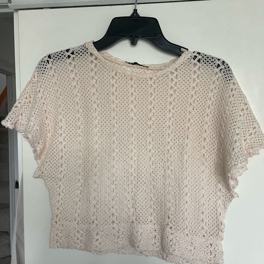 ZARA Cream Crochet Woven Top Blouse Boho Summer Size S Hippie Short Sleeves